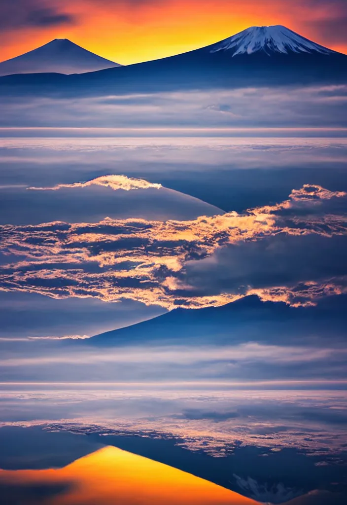 Image similar to clouds curling around mount fuji reflected on the lake surface at sunset, national geographic award - winning landscape photography, in the style of wes anderson's isle of dogs