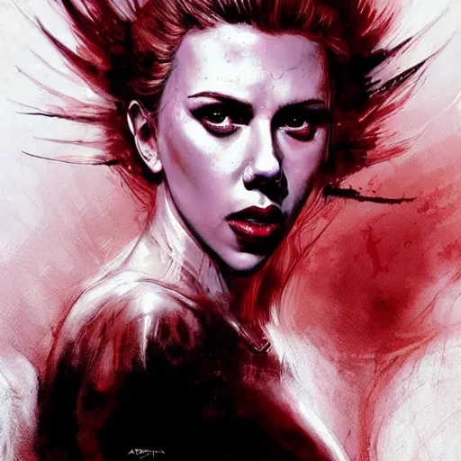 Image similar to portrait of scarlett johansson as a demon woman, colourised, face portrait, epic, tragic, military art, fantasy, dieselpunk, hd shot, digital portrait, beautiful, artstation, comic style, by artgerm, guy denning, jakub rozalski, magali villeneuve and charlie bowater