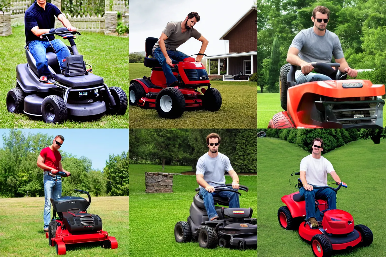 Prompt: Serious Sam riding a lawn mower