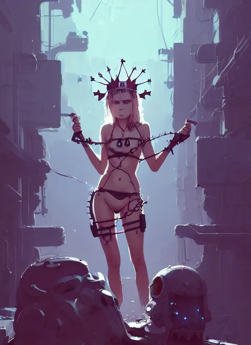 Image similar to portrait of cute maiden girl with crown of thorns, dressed in belts bikini, warhammer, cyberpunk, by atey ghailan, by greg rutkowski, by greg tocchini, by james gilleard, by joe gb fenton, by kaethe butcher, dynamic lighting, gradient light blue, brown, blonde cream and white color in scheme, grunge aesthetic