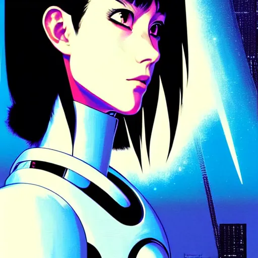 Image similar to side portrait scifi cyborg girl with robotic parts and spacesuit | | head only in center of image, audrey plaza, fine detail!! anime!! realistic shaded lighting!! poster by ilya kuvshinov katsuhiro otomo ghost - in - the - shell, magali villeneuve, artgerm, jeremy lipkin and michael garmash and rob rey