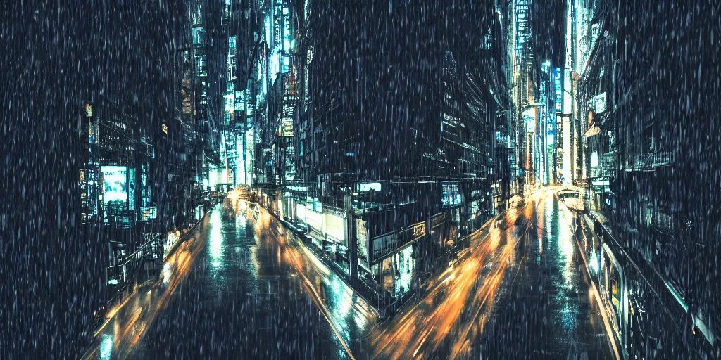 Image similar to a city street at night, raining, photograph, cyberpunk, sharp focus, intricate detail, Desolate, drone shot, high resolution,