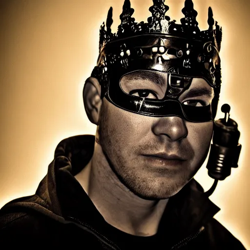 Image similar to man with a crown, smirk, photograph, black backgrounds, glowing red eyes, cyberpunk