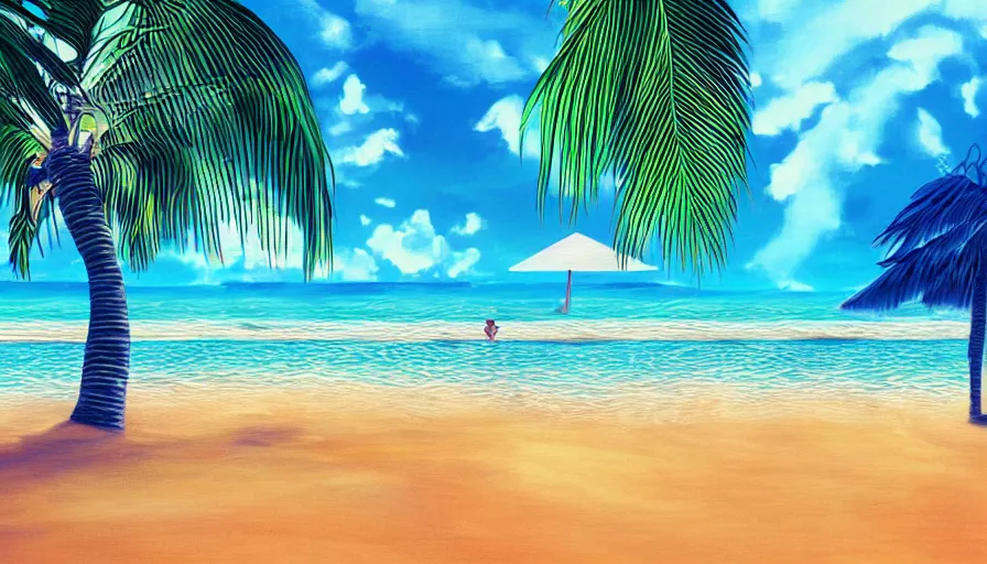 Image similar to a tropical beach, epic retrowave art, trending on art station