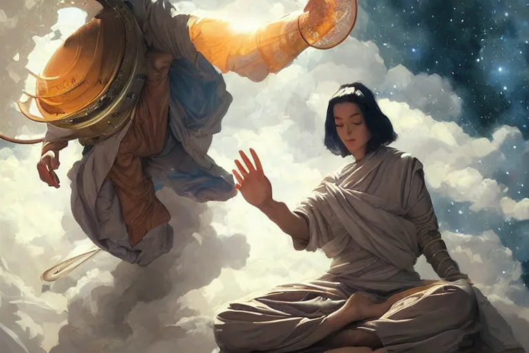 Image similar to space, buddhism, taoism, painting by greg rutkowski, j. c. leyendecker, artgerm