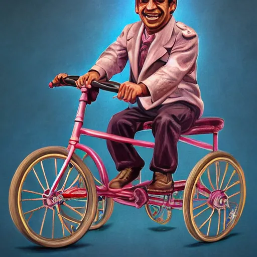 Image similar to A Hearts of Iron IV closeup portrait of a Remi Malek with bulging eyes and a huge smile, riding a tricycle. Dressed in 1980s style. Highly detailed, fine Art, high detail, great lighting, 8k resolution, masterpiece, concept art, illustration, clear eyes, painting oil on canvas, octane render, HDR, trending on artstation, 4k, 8k, HD