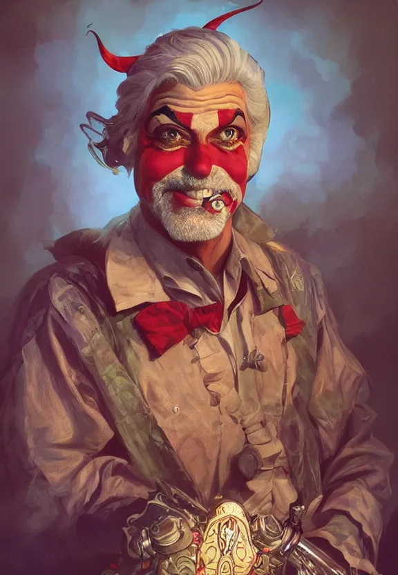 Prompt: yee yee a portrait of george clooney as a clown, fantasy, intricate, elegant, highly detailed, traditional painting, acrylic painting, artstation, concept art, matte, sharp focus, illustration, hearthstone, art by artgerm and greg rutkowski and alphonse mucha and alex ross