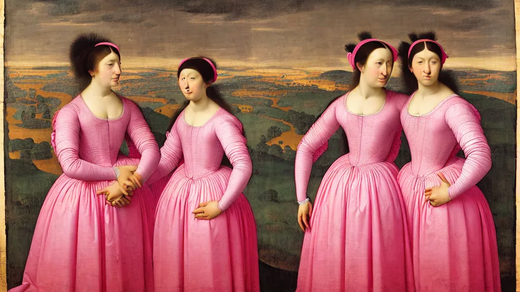 Image similar to portrait of twins wearing pink dresses, standing facing each other in front of a lightning storm, intricate details, high detail, renaissance style, super-flat, in the style of Jean Auguste Dominique Ingres, James Jean, punk, Asian art,