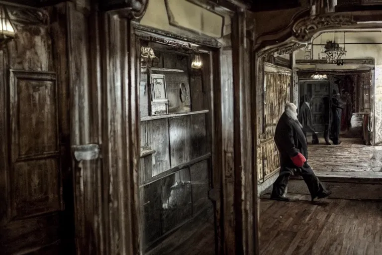 Prompt: cinematography old Russian men entering old bar in Russia showing. by Emmanuel Lubezki