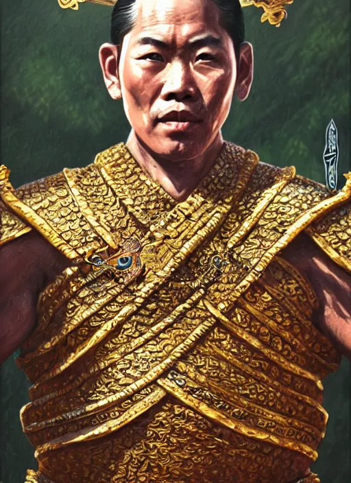 Image similar to king ramkhaheang of sukhothai, close portrait, historical, ethnic group, traditional tai costume, sukhothai headset, leather shoulder armor, fantasy, intricate, with leather armor cross onbare chest, elegant, loin cloth, highly detailed, oill painting, artstation, concept art, matte, sharp focus, illustration, hearthstone, art by earl norem