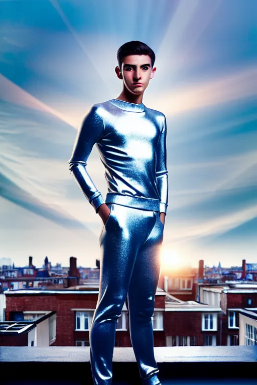 Image similar to un ultra high definition studio quality photographic art portrait of a young man standing on the rooftop of a british apartment building wearing soft padded silver pearlescent clothing. three point light. extremely detailed. golden ratio, ray tracing, volumetric light, shallow depth of field. set dressed.