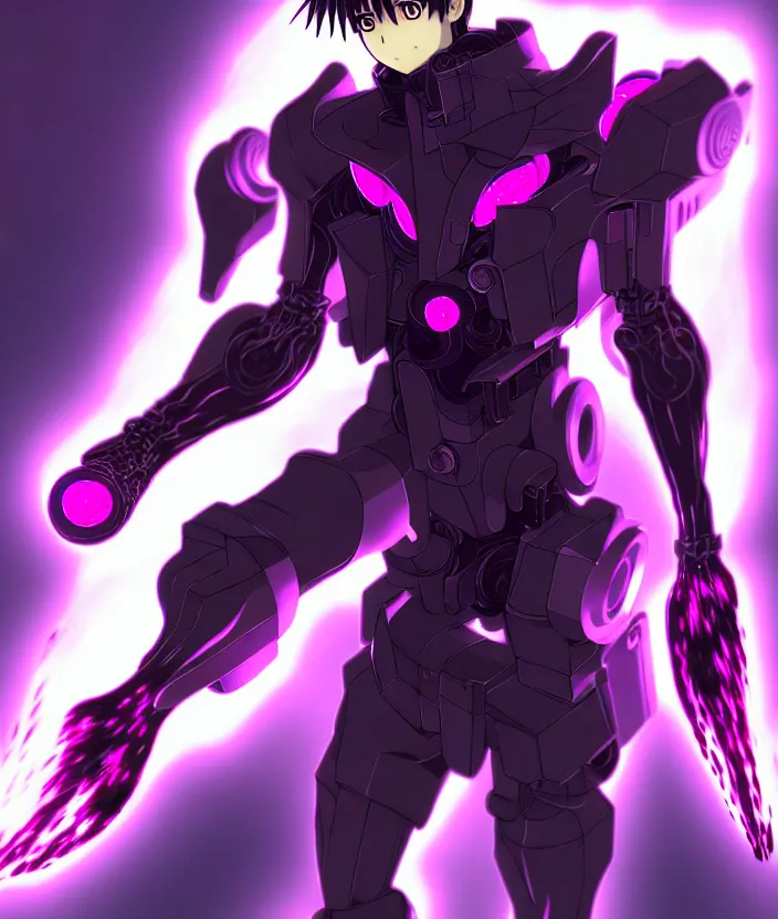 Image similar to a detailed manga illustration character full body portrait of a dark haired cyborg anime man wreathed in purple fire, trending on artstation, digital art, 4 k resolution, detailed, high quality, sharp focus, hq artwork, insane detail, concept art, character concept, character illustration, full body illustration, cinematic, dramatic lighting