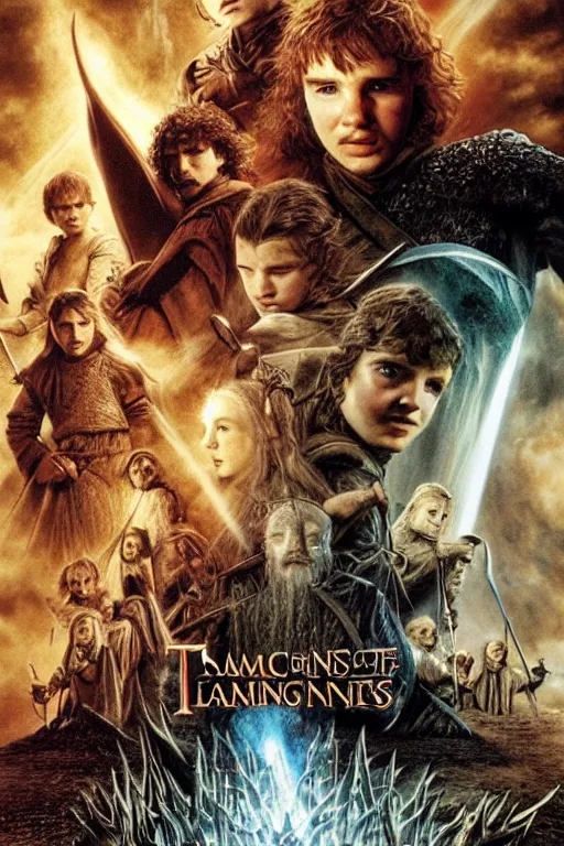 Prompt: epic fantasy journey, lotr, sandstorm, tom cruise, game of thrones, dragon, lord of the rings, the hobbit, stranger things, by drew struzan