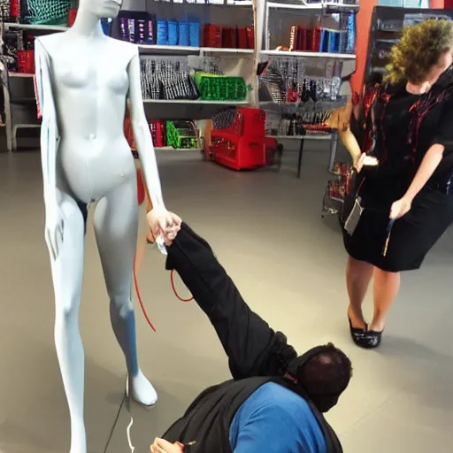 Prompt: a computer programmer getting dragged away by mannequins