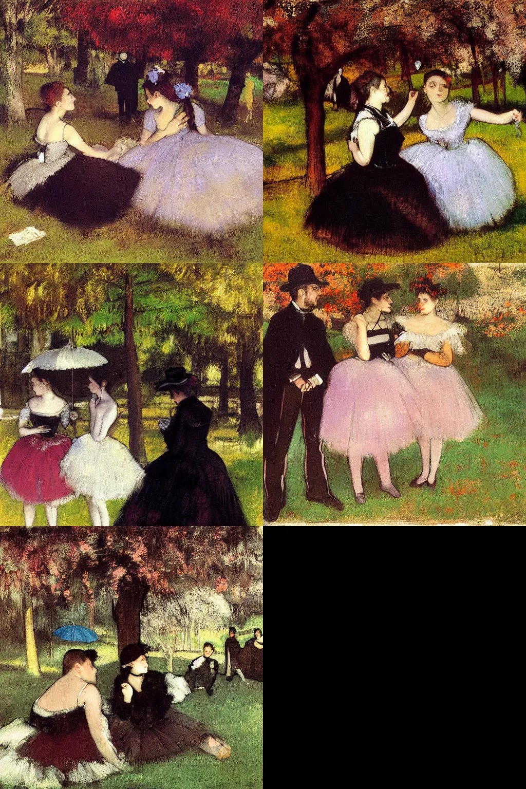 Prompt: an hd painting by edgar degas. three goths loitering in the shade, talking beneath a cherry tree outside a blockbuster video store.