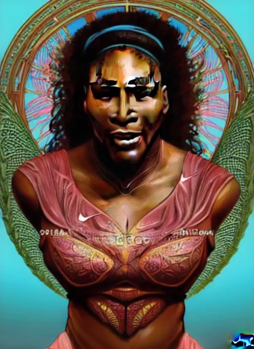 Image similar to serena williams as nike godess of victory, wings, wax figure, glowing eyes, volumetric lights, red and cyan theme, art nouveau botanicals, intricate, highly detailed, digital painting, artstation, concept art, smooth, sharp focus, cinematic, illustration, beautiful face, art by artgerm and greg rutkowski and alphonse mucha