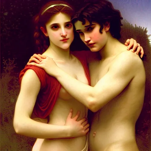 Image similar to twilight version of stranger things, portrait of edward and bella by william - adolphe bouguereau in the style of gaston bussiere, art nouveau