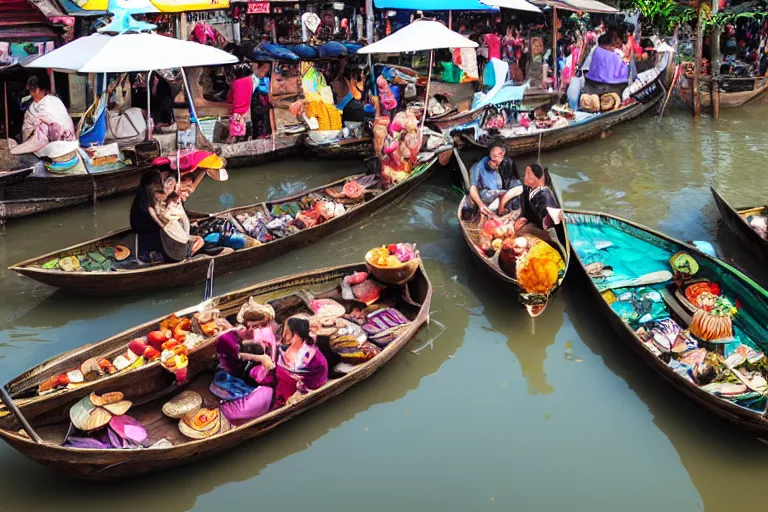 Prompt: At the buzzing floating market in Thailand, Artgerm
