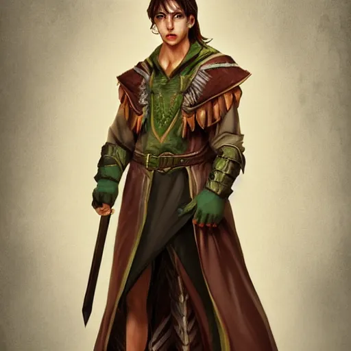 Image similar to realistic portrait, 25 years old man :: athletic fantasy mage :: green eyes, long brown hair :: wearing a brown robe :: high detail, digital art, RPG, concept art, illustration