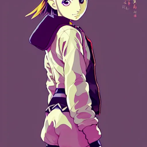 Image similar to beautiful boyish natalie portman gravure model in majora's mask, wearing big mayan bomber jacket with overalls and leotard, big bomber jacket with subtle mayan patterns, aztec bathing suit, gapmoe yandere grimdark, trending on pixiv fanbox, painted by greg rutkowski makoto shinkai takashi takeuchi studio ghibli, akihiko yoshida