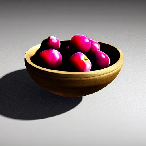 Prompt: concept art of a single thick porcelain bowl filled with a few moist freshly picked plums on a wooden table. volumetric lighting. 4 k. small scale. artistic. top down.