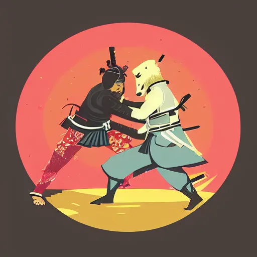 Prompt: samurai fighting a bear, Vibrant, Vector art, by Sachin Teng + Loish