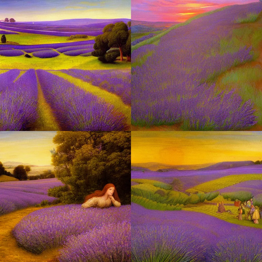 Prompt: a Pre-Raphaelite painting of a beautiful field of lavender at sunrise