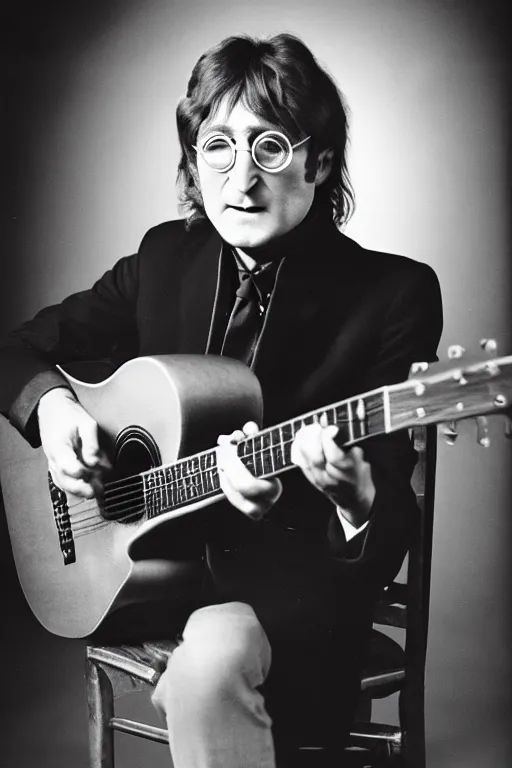 Prompt: 80 years old john lennon posing with a guitar, good-looking old man , promo shoot, studio lighting