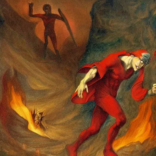Prompt: painting of dante in hell, running away from demon