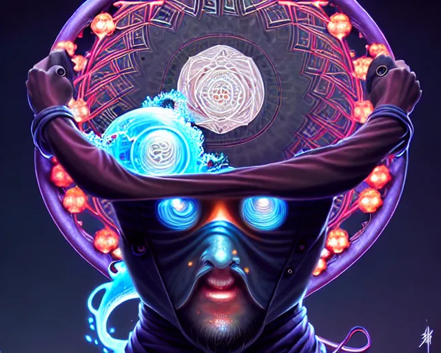 Image similar to a headshot of a ninja!!!!!!, surrounded by fractals, mandalas, cherry blossoms, hadron collider technology, metal gears, swirling bioluminescent energy, art by peter mohrbacher and dan mumford, 8 k octane render, hyperrealistic, zbrush, cinema 4 d