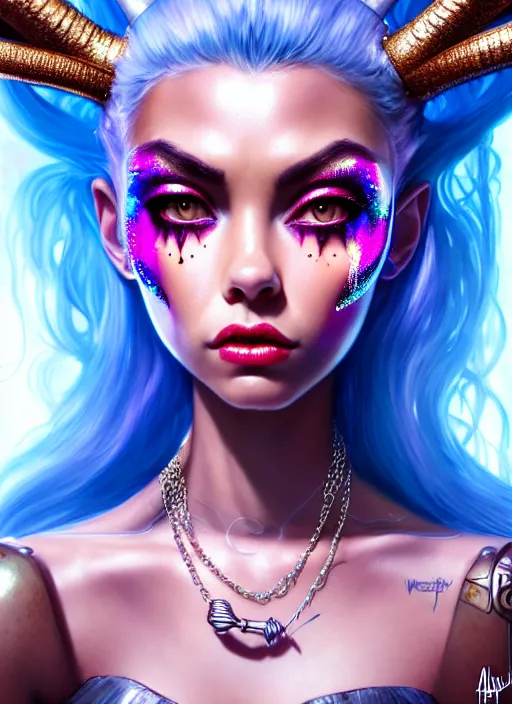 Image similar to disney weta portrait, beautiful gloss porcelain white edm raver clowncore pearl chain horned angel madison beer cyborg woman, bling, sci - fi, fantasy, cyberpunk, intricate, decadent, highly detailed, digital painting, ever after high, octane render, artstation, concept art, smooth, sharp focus, illustration, art by artgerm, loish, wlop