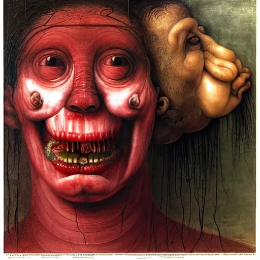 Image similar to a boy like eraserhead and elephant man sitting in a tub full of tomato sauce, looking straight into camera, screaming in pain, by giuseppe arcimboldo and ambrosius benson, renaissance, fruit, intricate and intense oil paint, a touch of beksinski and hr giger, realistic