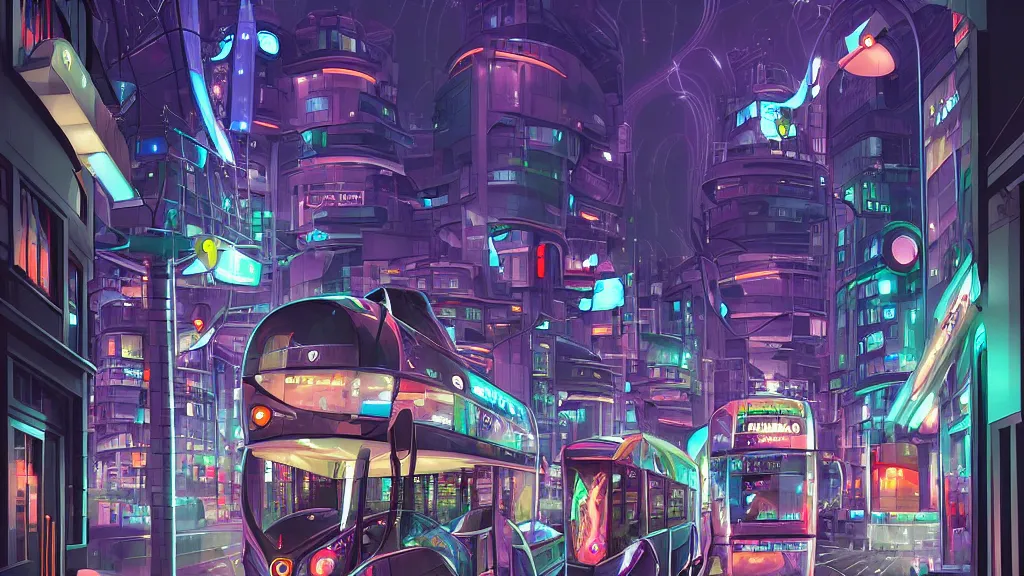 Prompt: street view of futuristic robot london city at night by cyril rolando and naomi okubo and dan mumford and zaha hadid. robots. advertisements for robots. robotic elegant lamps. robotic double decker bus.