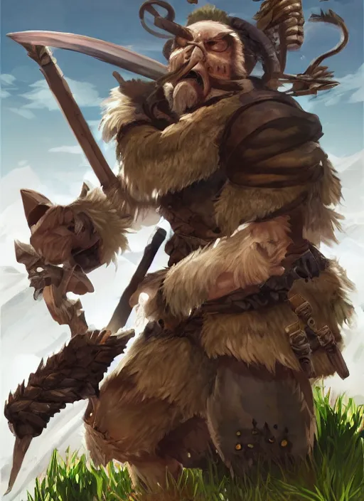 Image similar to bugbear ranger, black beard, dungeons and dragons, hunters gear, flamesing jeweled armour, concept art, character design on white background, by studio ghibli, makoto shinkai, poster art, game art