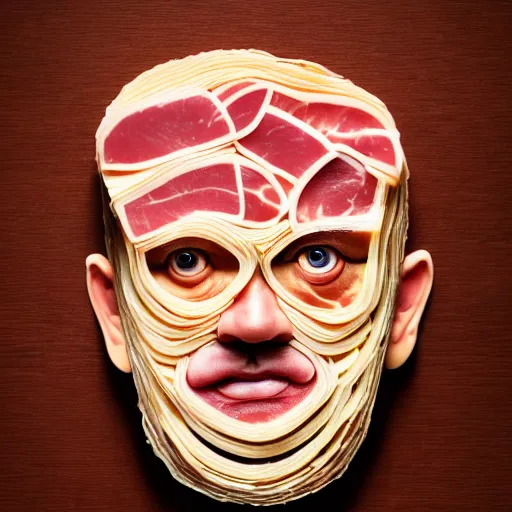 Image similar to a face made of ham slices made of tom hanks, 8 k, trending on artstation, 8 0 mm photography, hyperrealistic