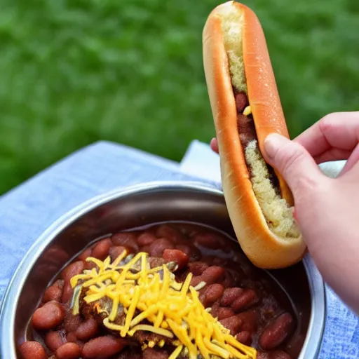 Prompt: sucking on a chili dog, beans,