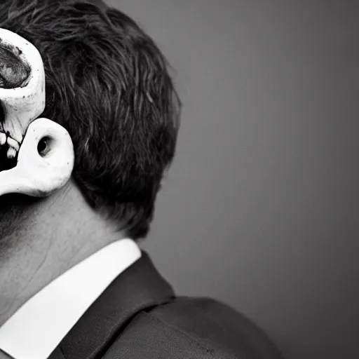 Image similar to A black and white photo of a man in a business suit with a bird skull for a head, detailed, realistic