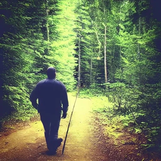 Image similar to “ poor quality nature photography of a bald man hiking in the woods with bigfoot walking by ”