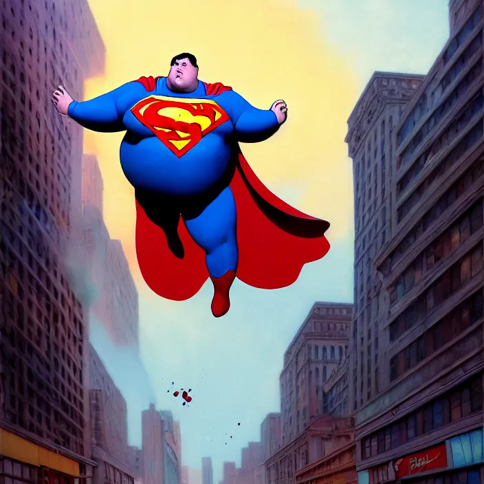 Prompt: hyperrealistic mixed media portrait of a a mordidly obese superman floating through the air over an empty city street at midnight, despair, depressing and hopeless vibe, stunning 3d render inspired art by P. Craig Russell and Barry Windsor-Smith + perfect facial symmetry + dim volumetric lighting, 8k octane beautifully detailed render, post-processing, extremely hyperdetailed, epic composition, grim yet sparkling atmosphere, cinematic lighting + masterpiece, trending on artstation