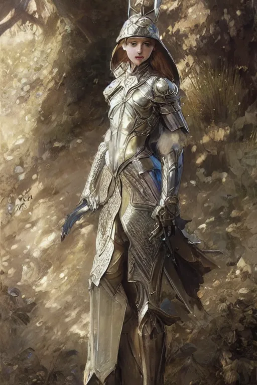 Image similar to full body of a beautiful woman wearing shining armor, fantasy, intricate, elegant, D&D, painted by edgar maxence, artgerm, greg rutkowski, artstation