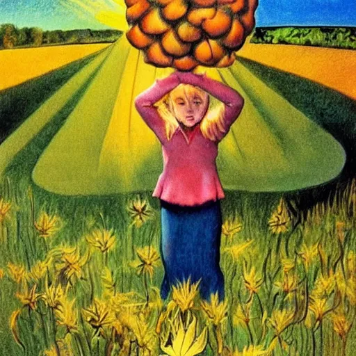Image similar to beautiful blonde girl, field of marijuana, Children’s Drawing, Ink, Filmic, Warm Color Palette, HD, Bezier Curve, Hyperdodecahedron, Crepuscular Rays, by Agnes Lawrence Pelton, by Akihito Yoshida, by Dorothea Tanning