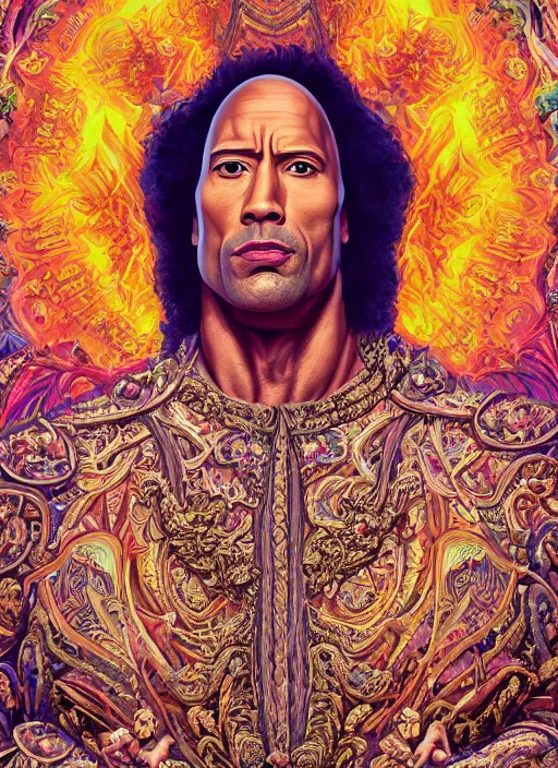 Image similar to beautiful oil painting, full length portrait of Dwayne the rock Johnson as Louis xiv in coronation robes 1701, Dan Mumford, Dan Mumford, Alex grey, Alex grey, highly detailed , lsd visuals, dmt fractal patterns, hallucinogen, visionary art, psychedelic art, ornate, vaporwave