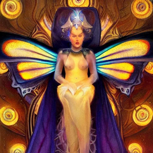 Image similar to beautiful closeup portrait of an art deco fairy queen, glowing eyes. reflective detailed textures, moth wings, highly detailed dark fantasy science fiction painting by donato giancola and nicholas roerich, elaborate geometric ornament, ancient runes, silver and cool colors. artstation