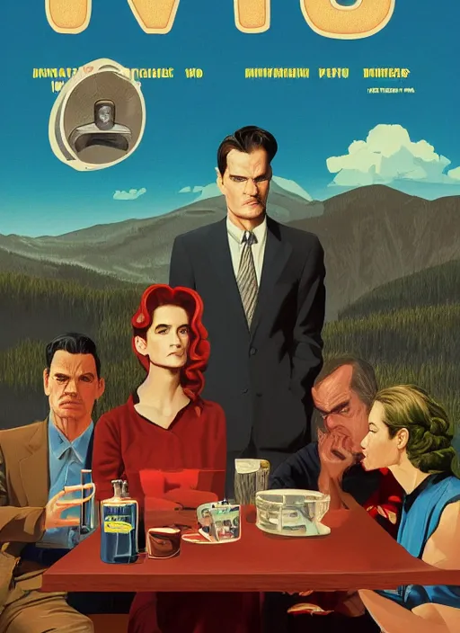 Image similar to Twin Peaks art, of Michael Shannon dressed as mechanic talking to Jennifer Connelly wearing light blue diner waitress dress, poster artwork by Sam Weber, Laurent Durieux, Katherine Lam from scene from Twin Peaks, from scene from Twin Peaks, clean, New Yorker magazine cover