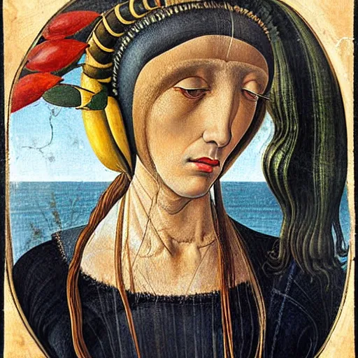 Prompt: a woman with horns wearing alien earrings, by Sandro Botticelli