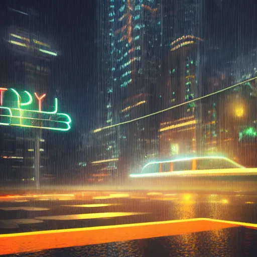 Image similar to digital painting of a futuristic neon city rainy sharp photorealistic octane render, bokeh in the background only