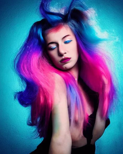 Image similar to a dramatic lighting photo of a beautiful young woman with cotton candy hair. blood splashes with a little bit of cyan and pink