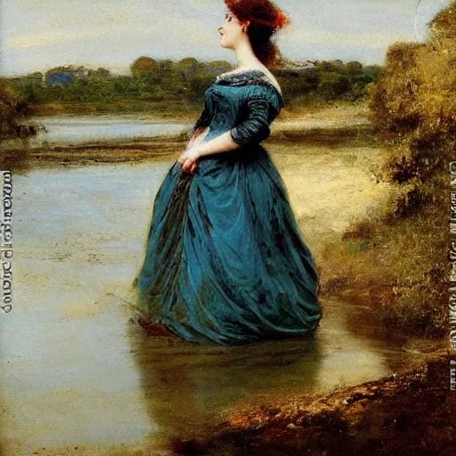Prompt: young victorian lady in ball gown wading through a river, painted by alfred stevens