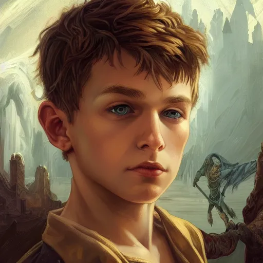 Image similar to an epic fantasy comic book style portrait painting of a young blonde boy who is over confident, wearing plain thief clothes, d & d, fantasy, intricate, elegant, highly detailed, digital painting, artstation, concept art, matte, sharp focus, illustration, art by artgerm and greg rutkowski and alphonse mucha