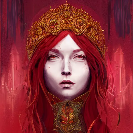 Prompt: red hair priestess, cathedral, D&D, fantasy, intricate, elegant, highly detailed, digital painting, artstation, concept art, matte, sharp focus, illustration, art by Ben Quilty